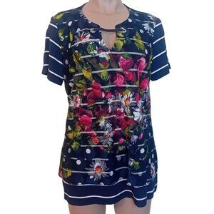 NWOT‎ Women's Vex Collection Navy Striped Lace Up Top Floral Mesh Print 42 (L)
